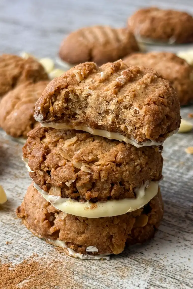Stack of pumpkin spice oat cookies sandwiched with white chocolate, the top one bitten