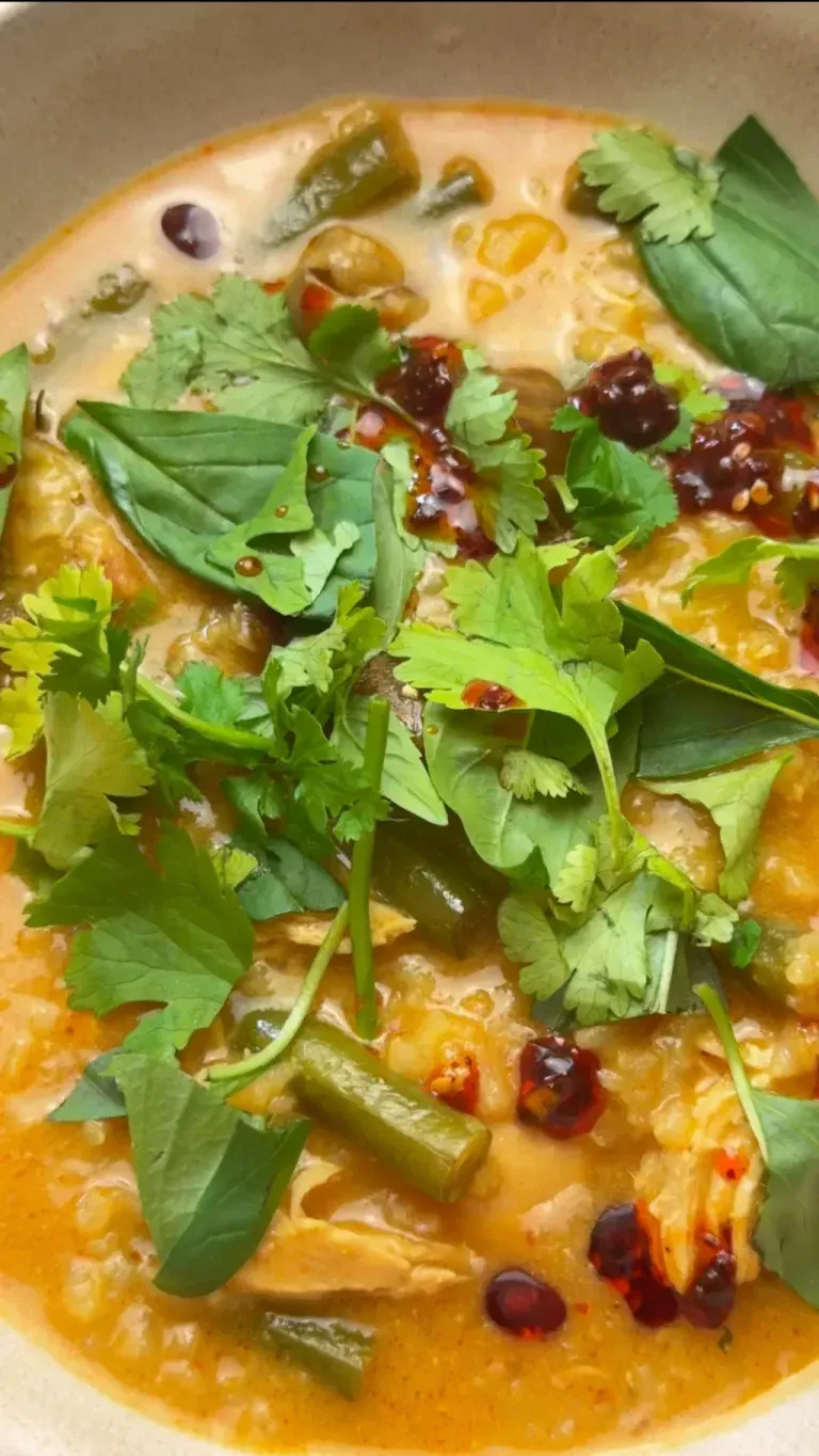 Thai curry brothy chicken stew with green beans, beans, basil and coriander