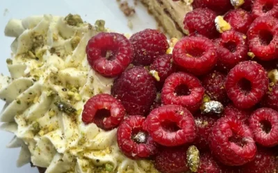 Pistachio Olive Oil Cake with Raspberry Jam & Thyme Buttercream