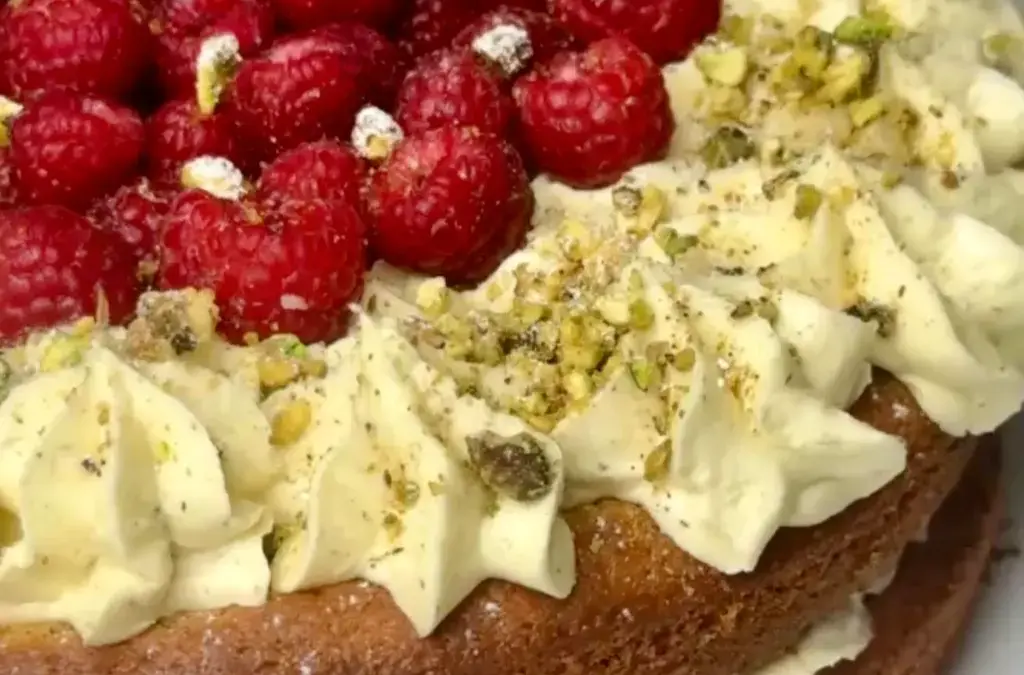 Pistachio Olive Oil Cake with Raspberry Jam & Thyme Buttercream